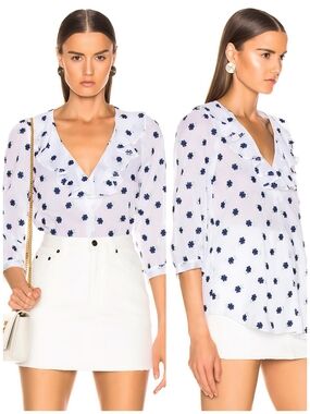 Smythe Embroidered Floral Ruffle White Blue Top, M